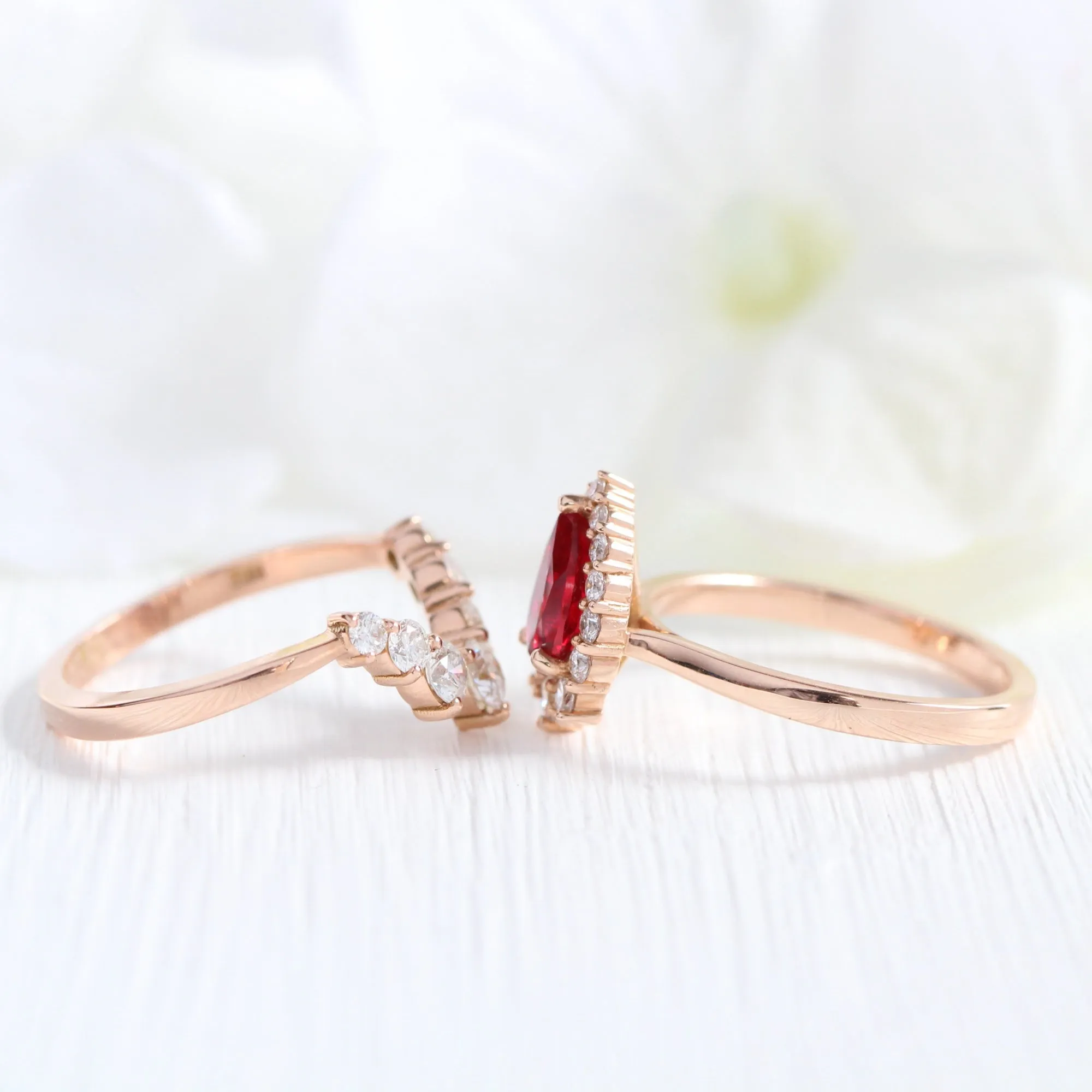 Tiara Halo Pear Ruby Ring Bridal Set w/ Large 7 Diamond U Shaped Wedding Band