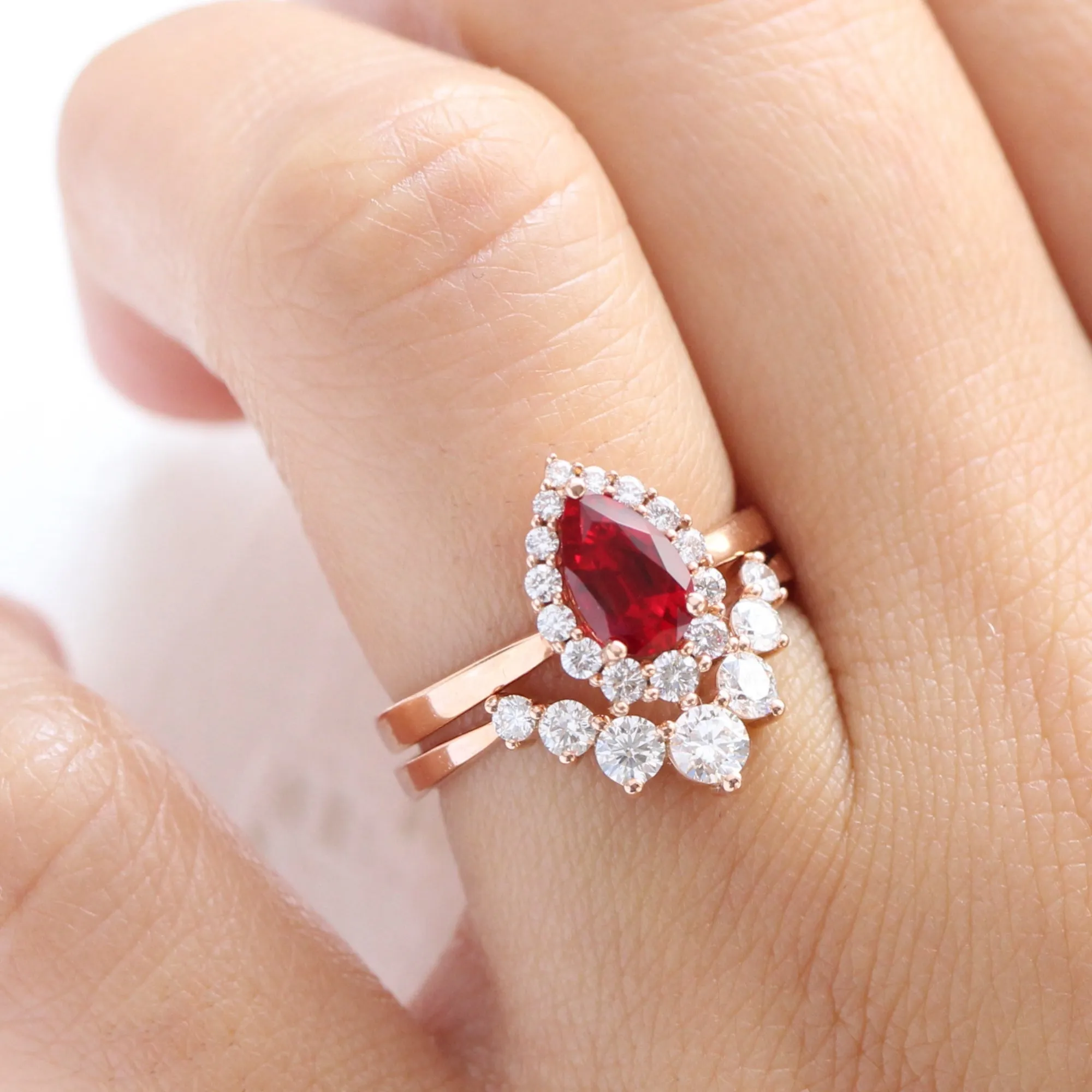 Tiara Halo Pear Ruby Ring Bridal Set w/ Large 7 Diamond U Shaped Wedding Band