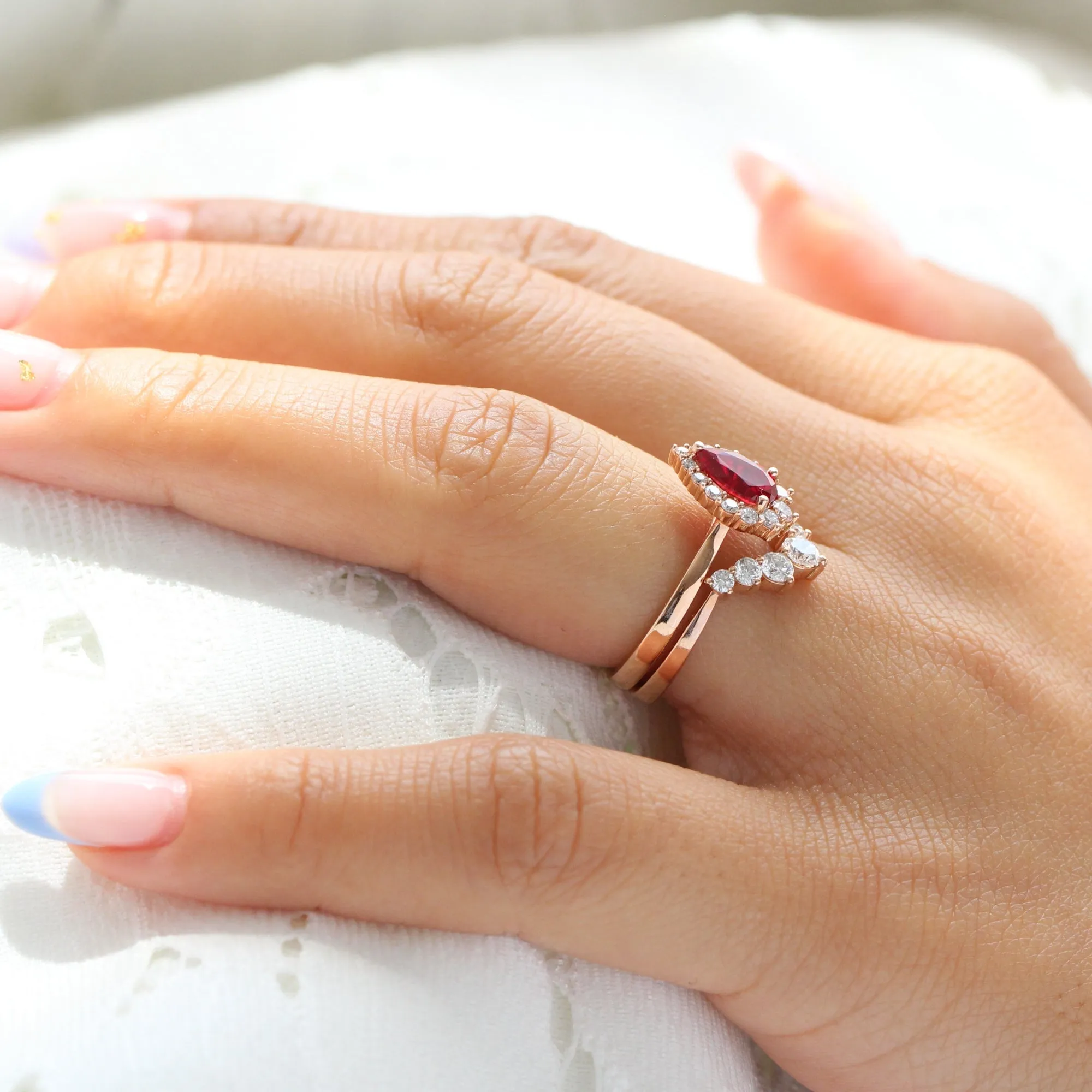 Tiara Halo Pear Ruby Ring Bridal Set w/ Large 7 Diamond U Shaped Wedding Band