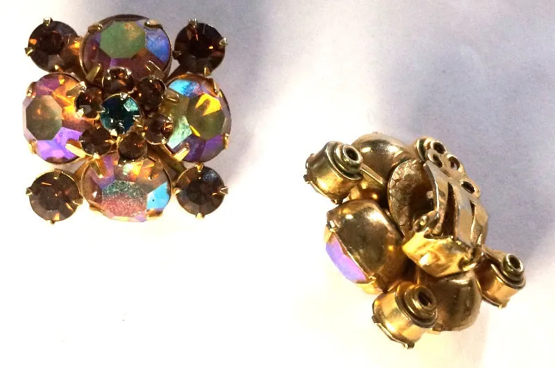 Topaz and Amber Iridescent Rhinestone Clip Earrings circa 1960s