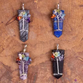 Tree of Life Pendant, CHAKRA Crystal Points Pendant - Lepidolite, Hematite, Black Tourmaline, Lapis Lazuli - Wire Wrapped Jewelry, E2147