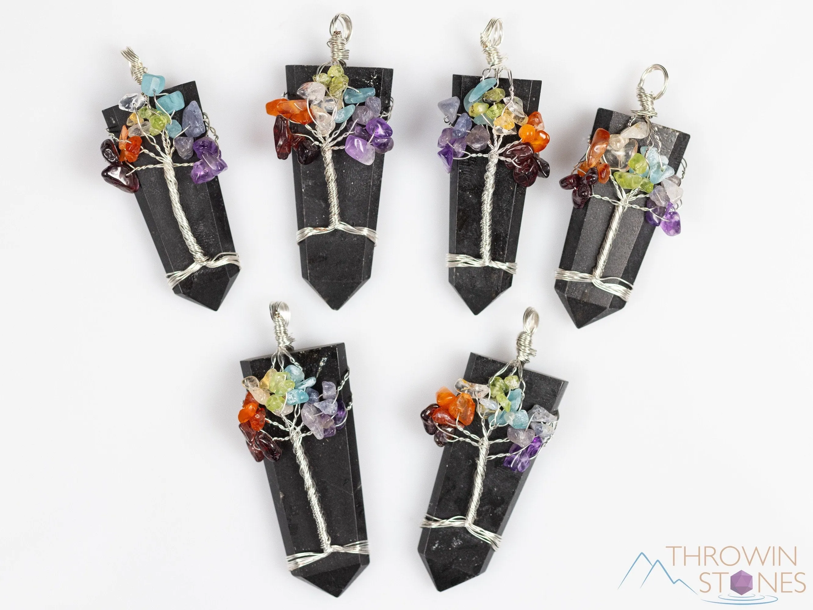 Tree of Life Pendant, CHAKRA Crystal Points Pendant - Lepidolite, Hematite, Black Tourmaline, Lapis Lazuli - Wire Wrapped Jewelry, E2147