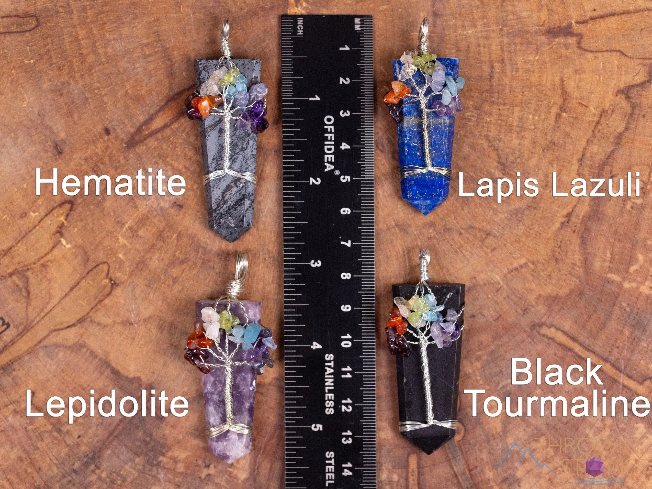 Tree of Life Pendant, CHAKRA Crystal Points Pendant - Lepidolite, Hematite, Black Tourmaline, Lapis Lazuli - Wire Wrapped Jewelry, E2147
