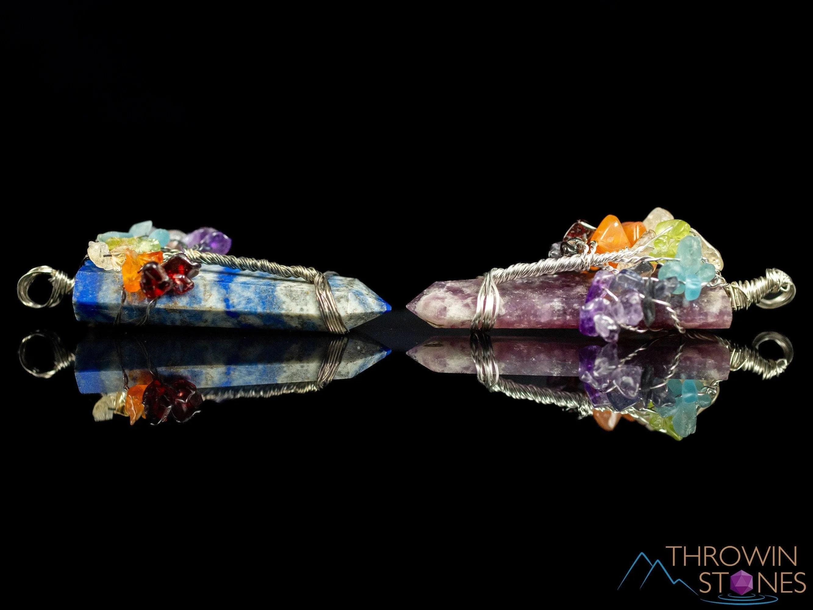 Tree of Life Pendant, CHAKRA Crystal Points Pendant - Lepidolite, Hematite, Black Tourmaline, Lapis Lazuli - Wire Wrapped Jewelry, E2147