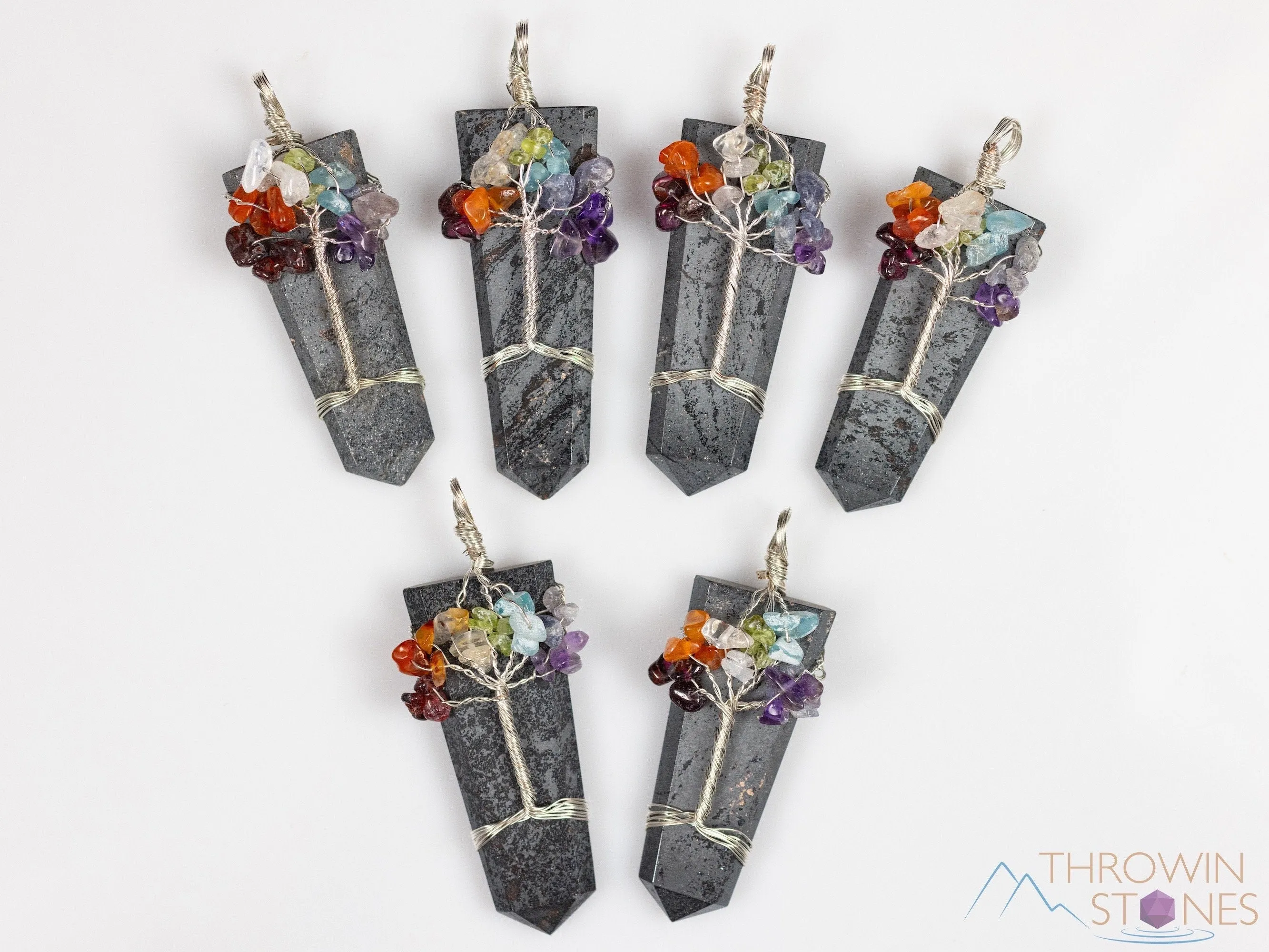 Tree of Life Pendant, CHAKRA Crystal Points Pendant - Lepidolite, Hematite, Black Tourmaline, Lapis Lazuli - Wire Wrapped Jewelry, E2147