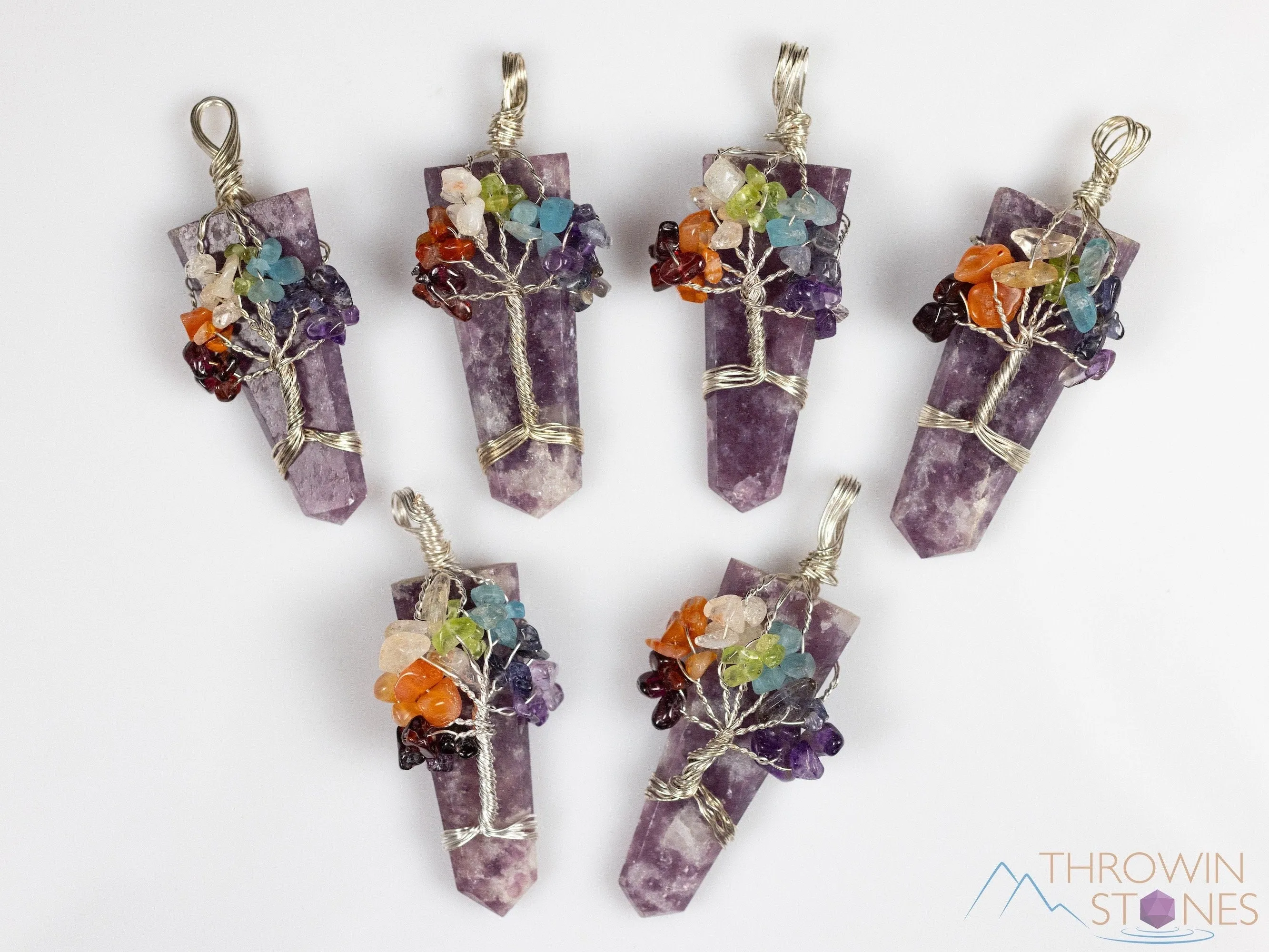 Tree of Life Pendant, CHAKRA Crystal Points Pendant - Lepidolite, Hematite, Black Tourmaline, Lapis Lazuli - Wire Wrapped Jewelry, E2147