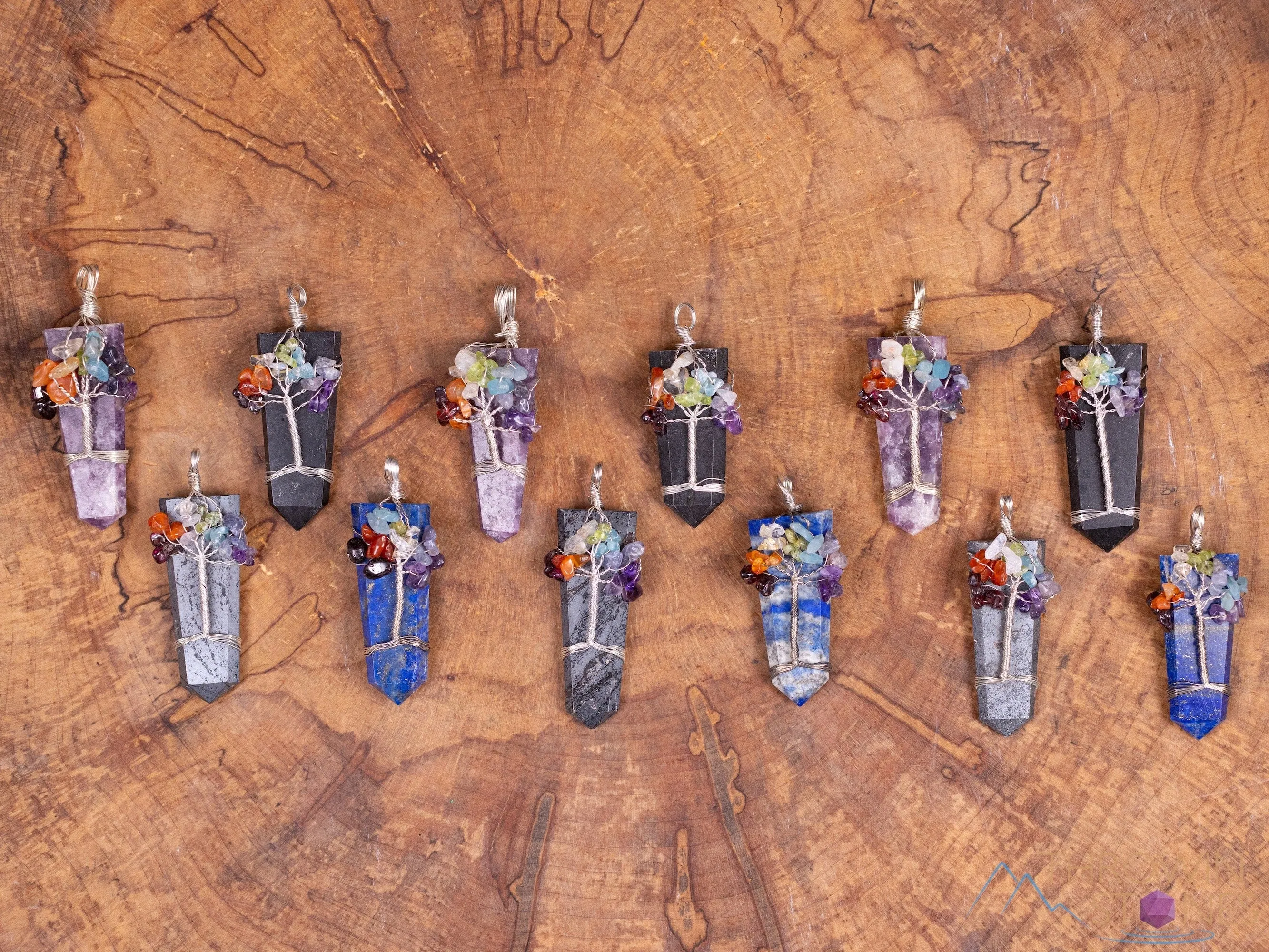 Tree of Life Pendant, CHAKRA Crystal Points Pendant - Lepidolite, Hematite, Black Tourmaline, Lapis Lazuli - Wire Wrapped Jewelry, E2147