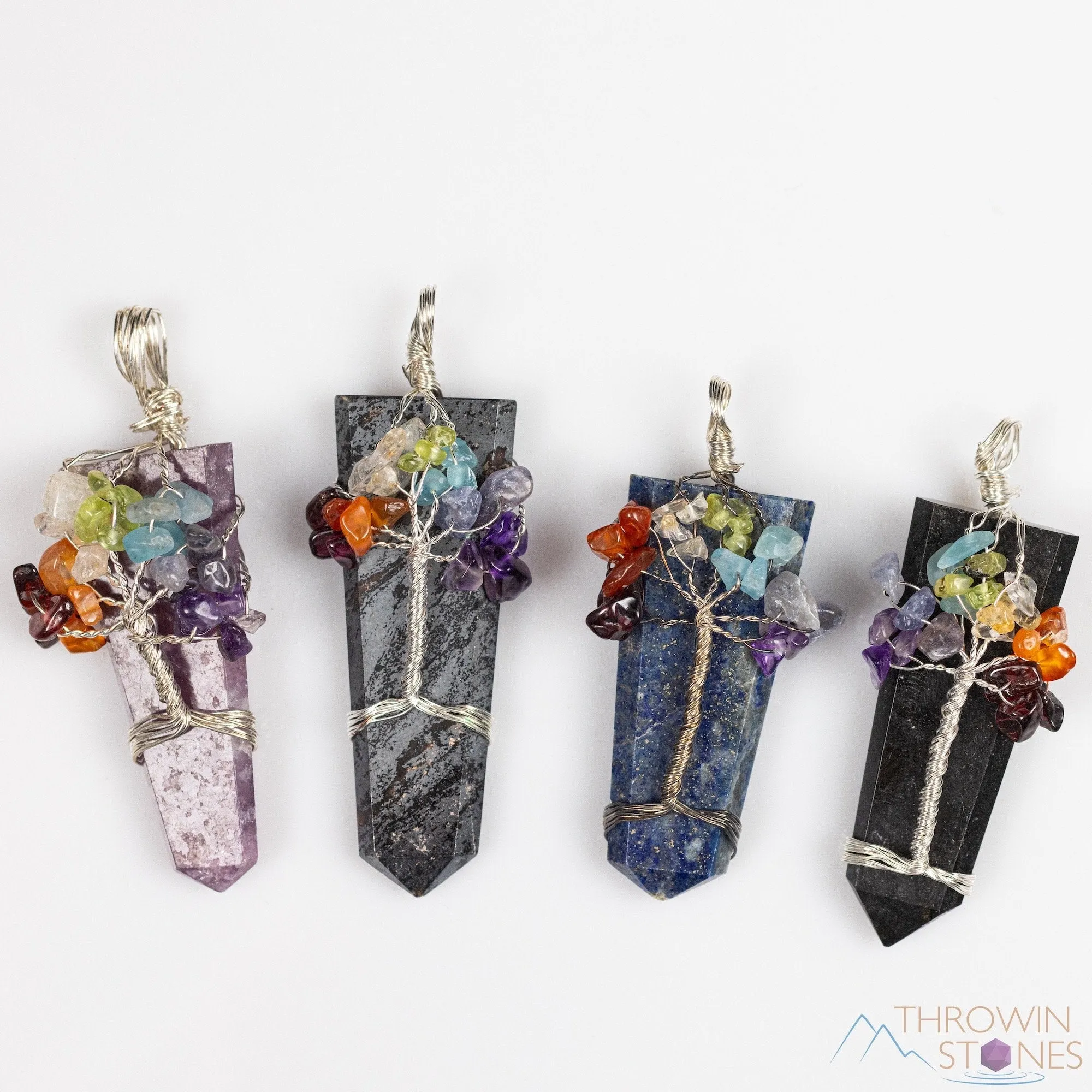Tree of Life Pendant, CHAKRA Crystal Points Pendant - Lepidolite, Hematite, Black Tourmaline, Lapis Lazuli - Wire Wrapped Jewelry, E2147