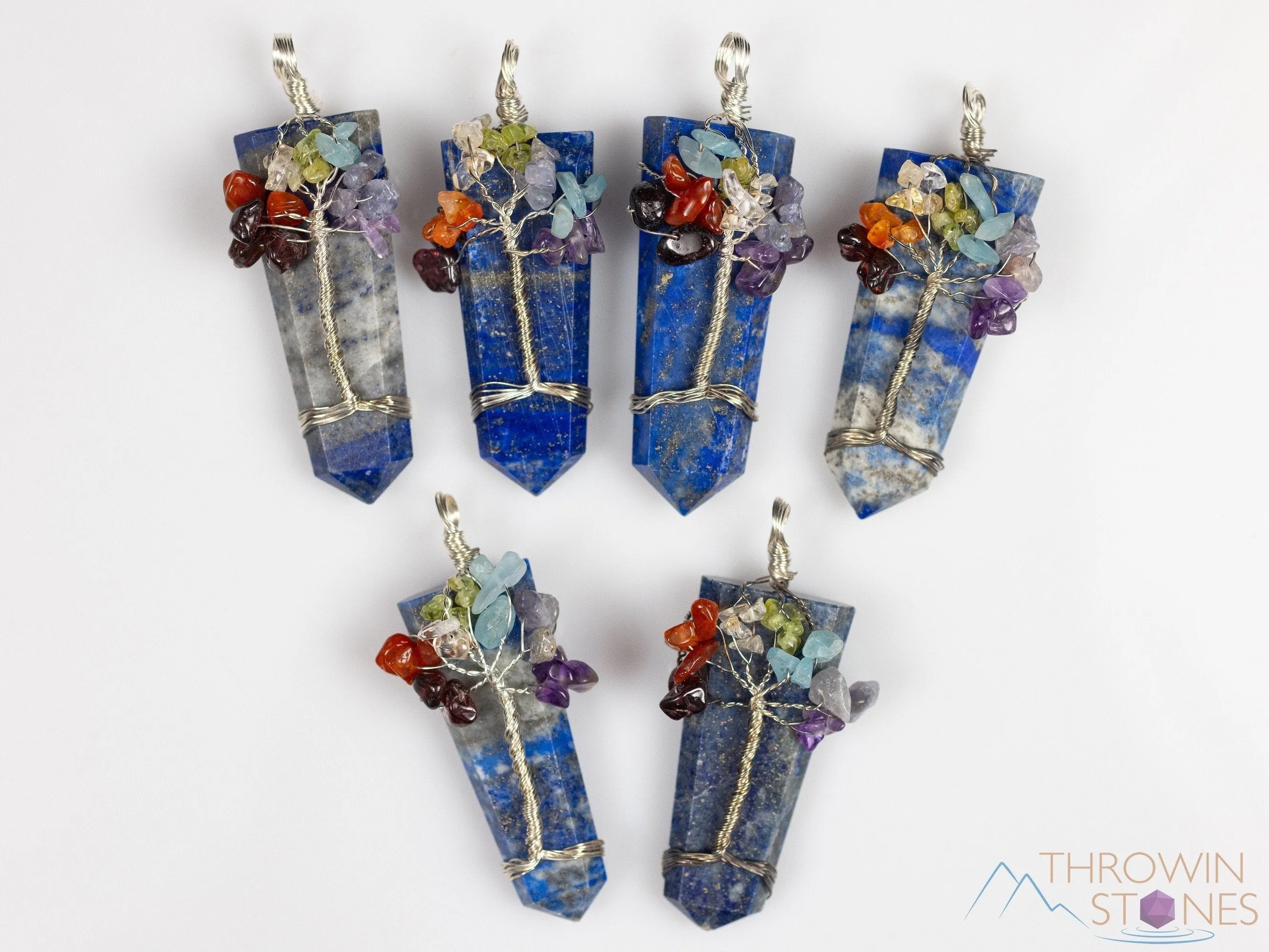 Tree of Life Pendant, CHAKRA Crystal Points Pendant - Lepidolite, Hematite, Black Tourmaline, Lapis Lazuli - Wire Wrapped Jewelry, E2147
