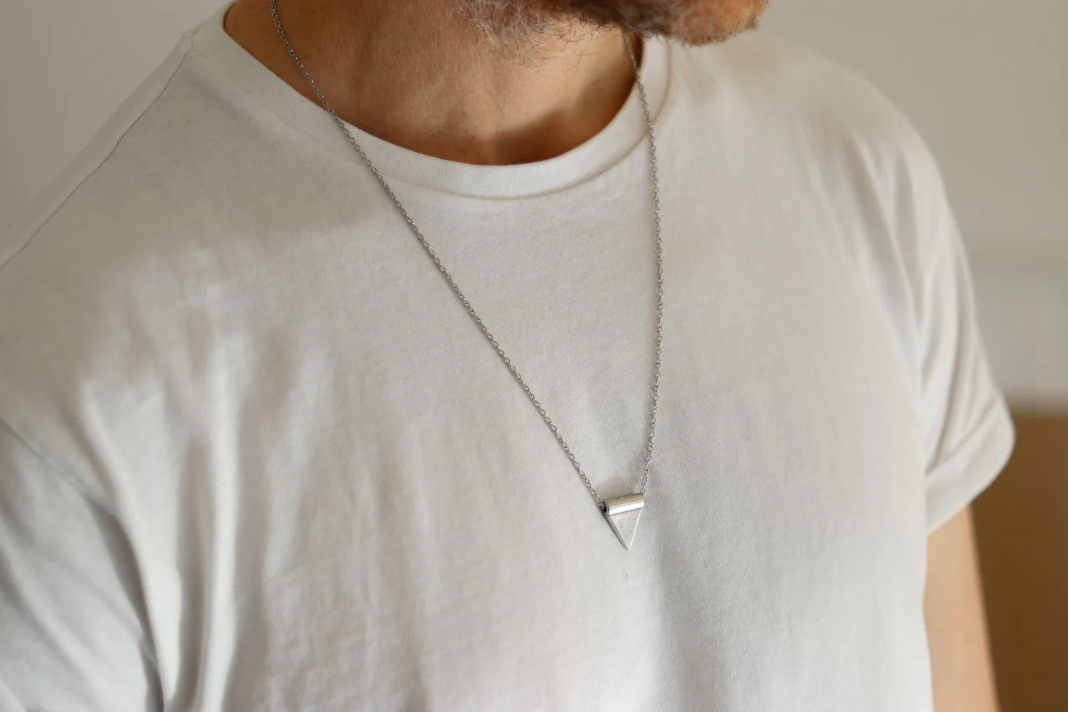 Triangle necklace for men, triangle bead, silver link chain, gift for him, geometric