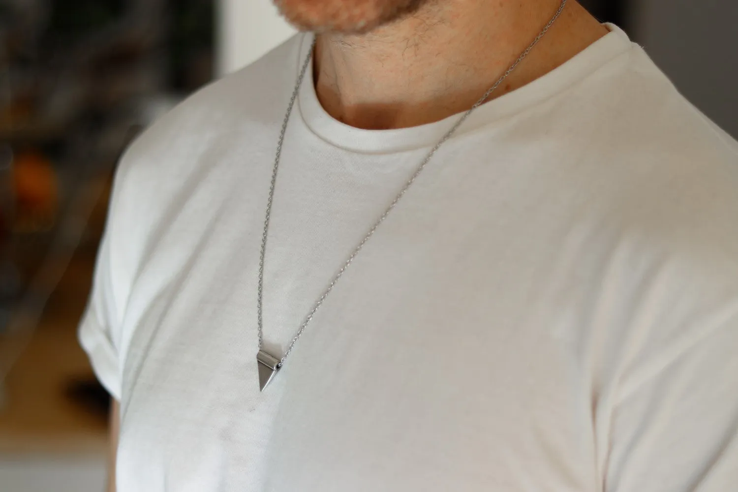 Triangle necklace for men, triangle bead, silver link chain, gift for him, geometric