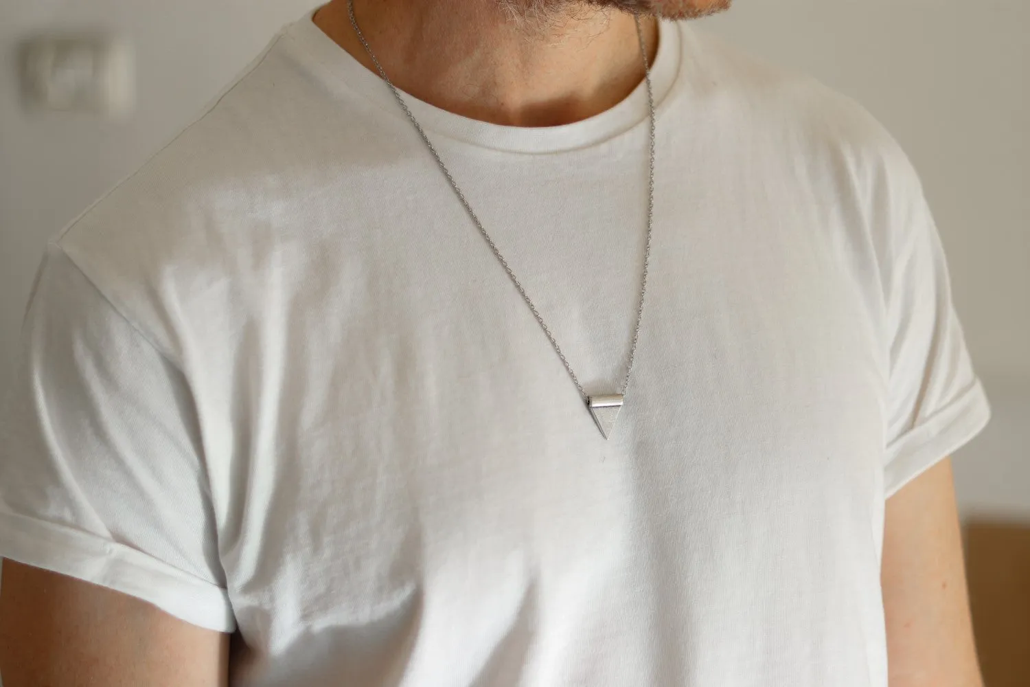 Triangle necklace for men, triangle bead, silver link chain, gift for him, geometric