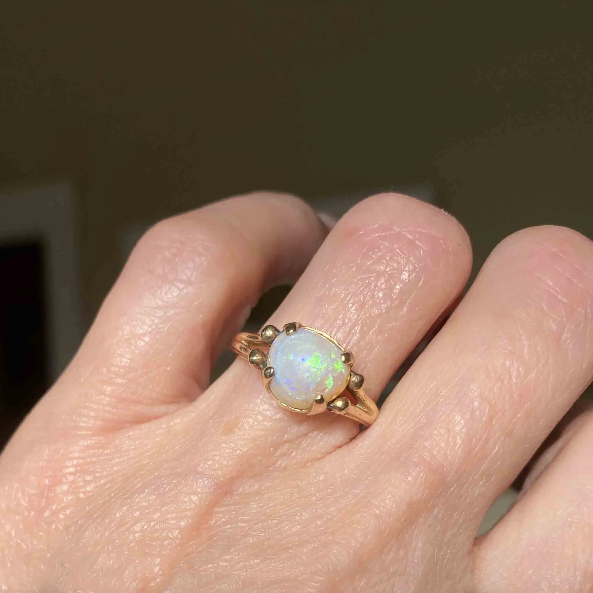 Triangle Opal Cabochon Solitaire Ring, 14K Gold Arts & Crafts