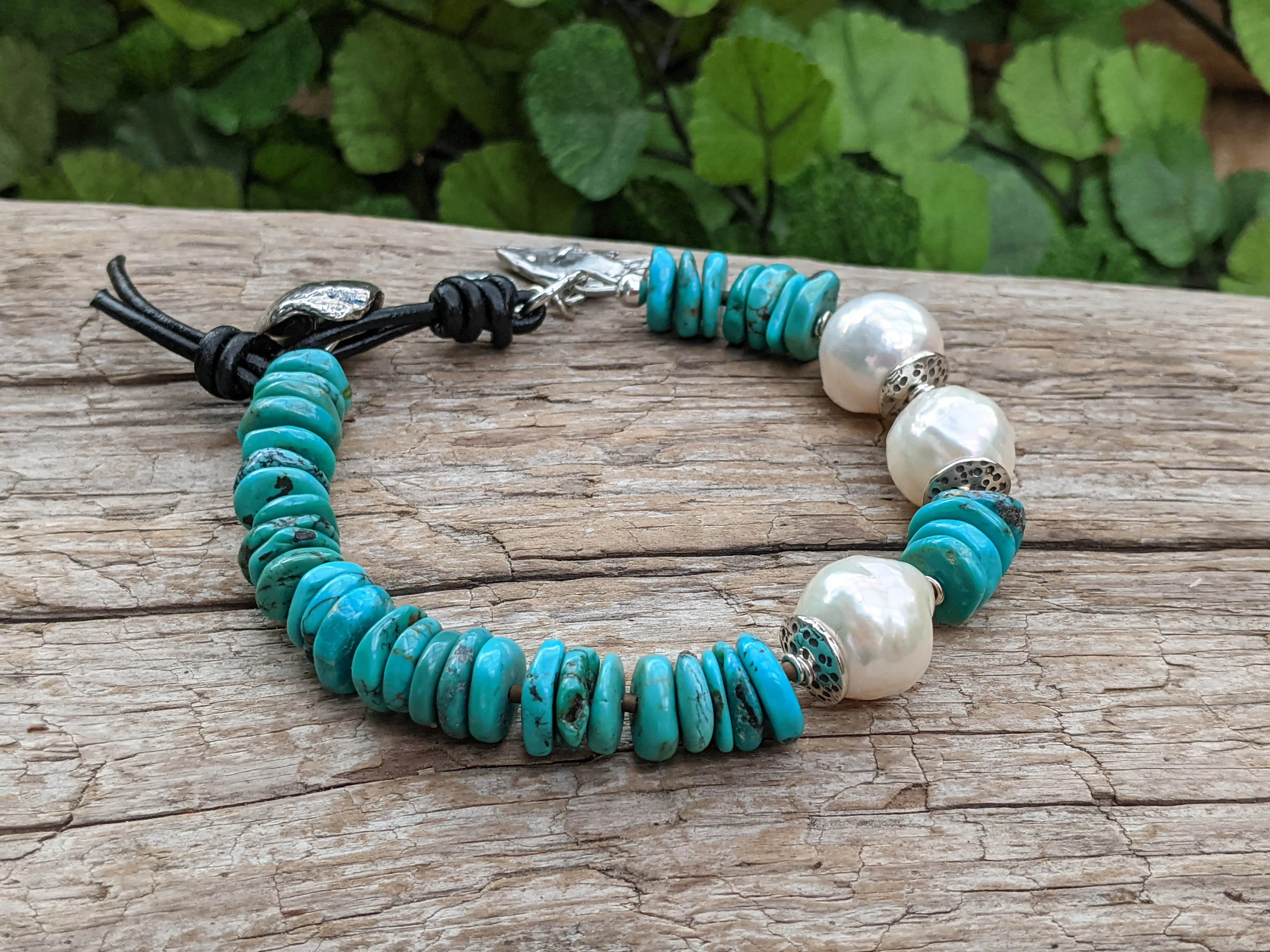 Turquoise & Big White Edison Pearl Artisan Bracelet