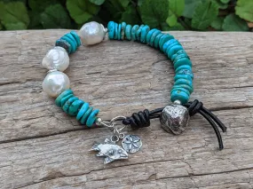 Turquoise & Big White Edison Pearl Artisan Bracelet