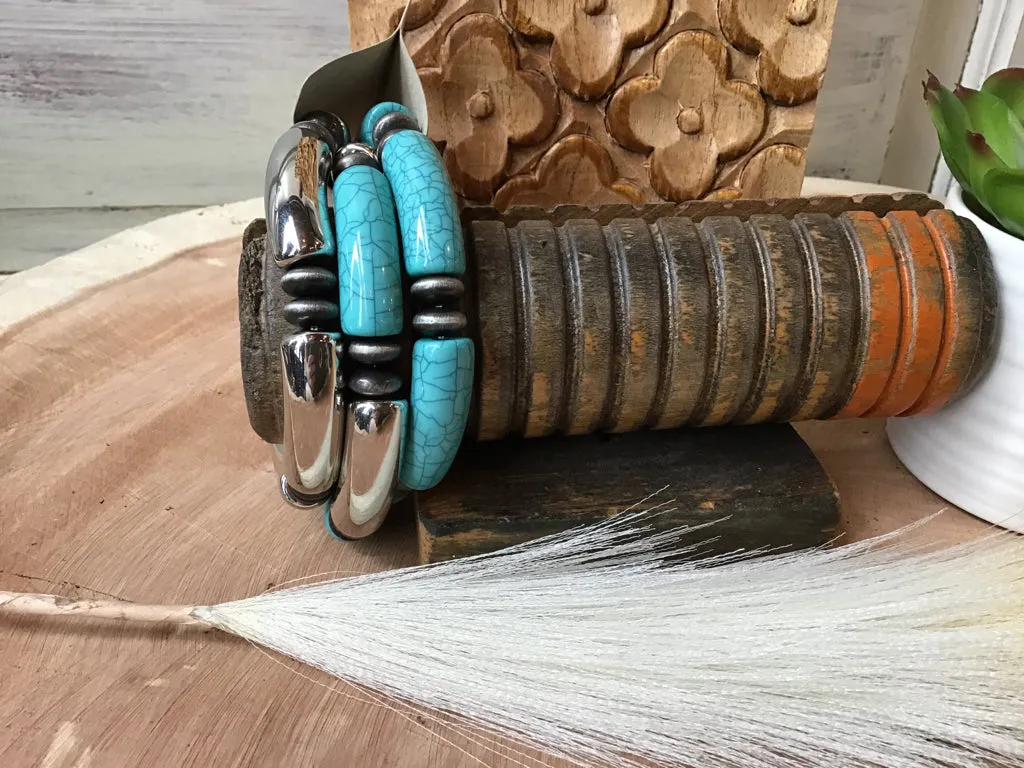 Turquoise & Silver Triple Stretch Bracelet Stack
