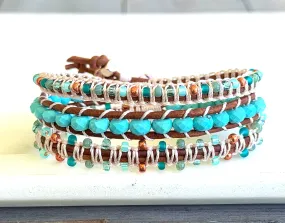 Turquoise Blues and Green Beaded Macrame and Leather Bracelet