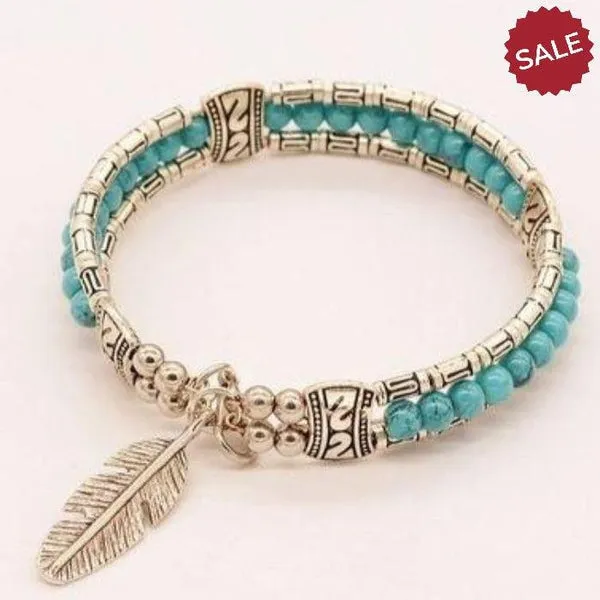 Turquoise Bohemian Feather Silver Bangle Bracelet