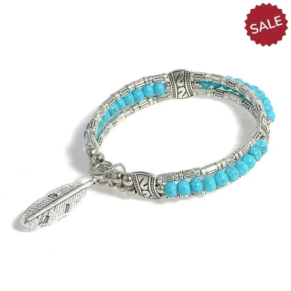 Turquoise Bohemian Feather Silver Bangle Bracelet
