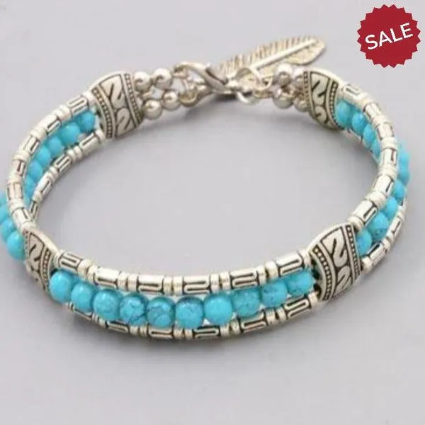 Turquoise Bohemian Feather Silver Bangle Bracelet