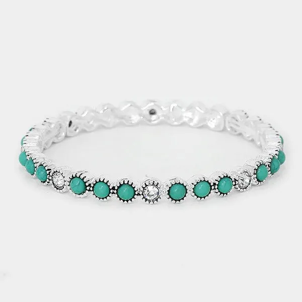 Turquoise Colored Stone & Crystal Antique Silver Stretch Bracelet