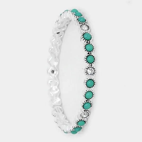 Turquoise Colored Stone & Crystal Antique Silver Stretch Bracelet
