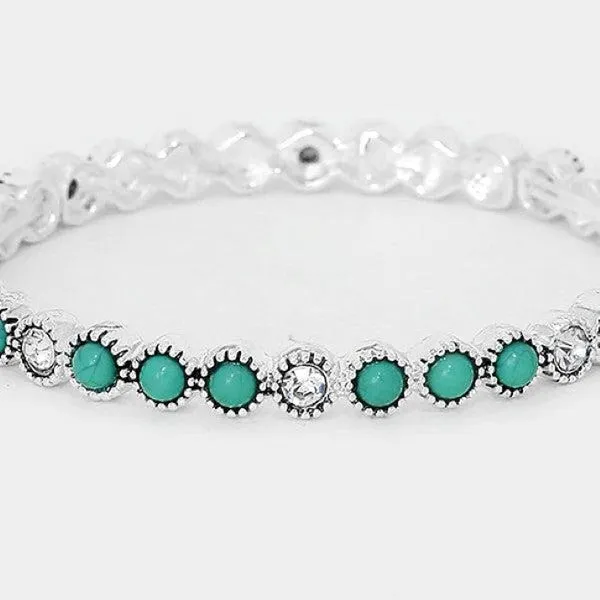 Turquoise Colored Stone & Crystal Antique Silver Stretch Bracelet