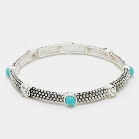 Turquoise Colored Stone & Crystal Embossed Silver Stretch Bracelet
