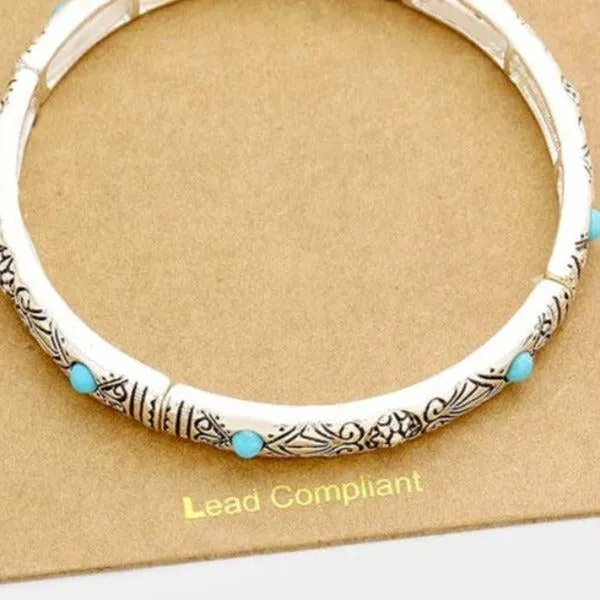Turquoise Colored Stones Embossed Antique Silver Bracelet
