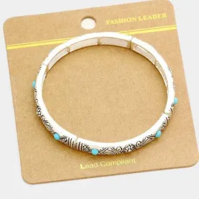 Turquoise Colored Stones Embossed Antique Silver Bracelet