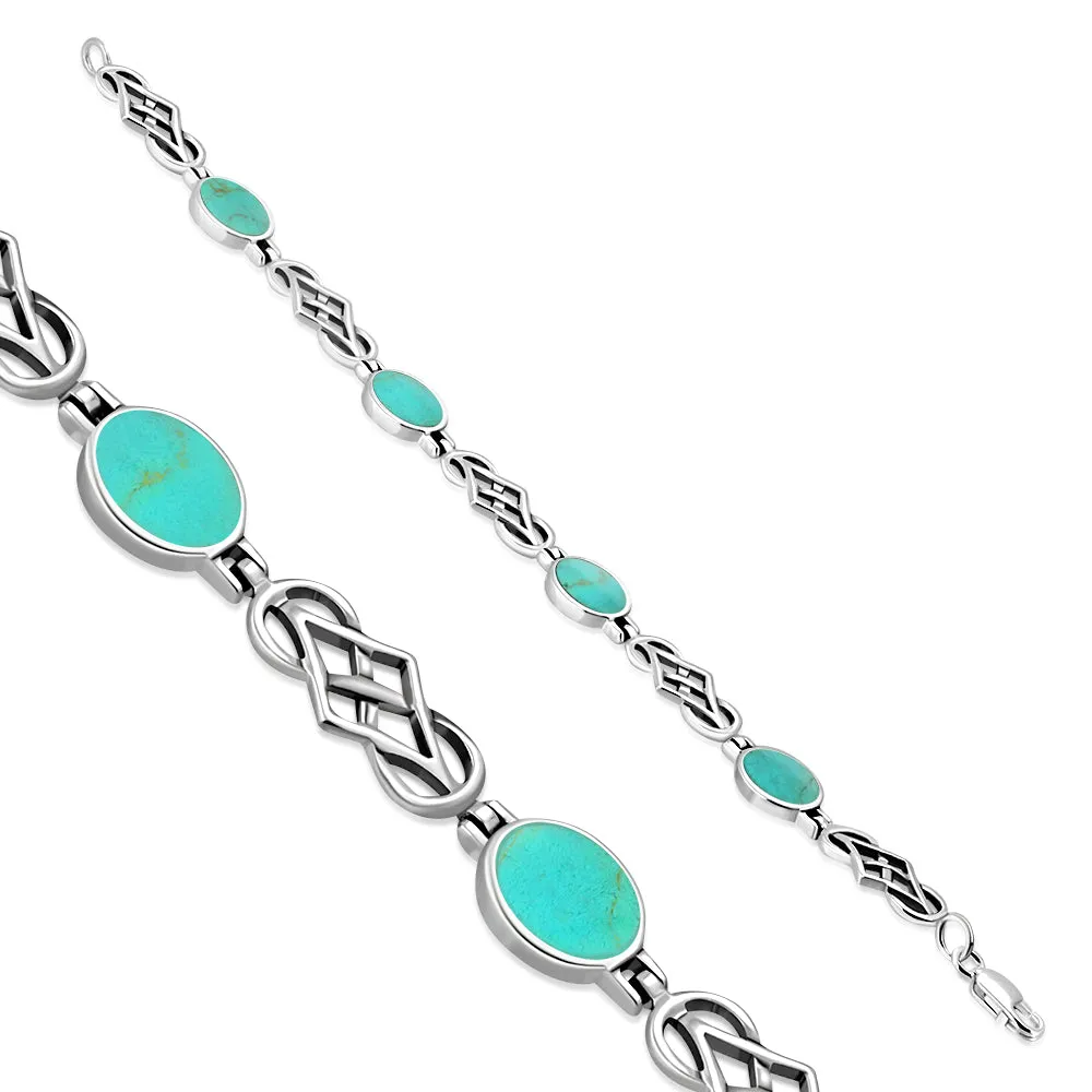Turquoise Oval Links Celtic Knot Silver Bracelet