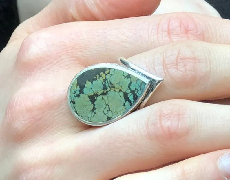 Turquoise Silver Ring - Teardrop Ring, Natural Turquoise Ring, Statement Turquoise Ring