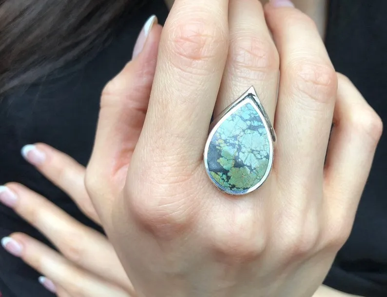 Turquoise Silver Ring - Teardrop Ring, Natural Turquoise Ring, Statement Turquoise Ring