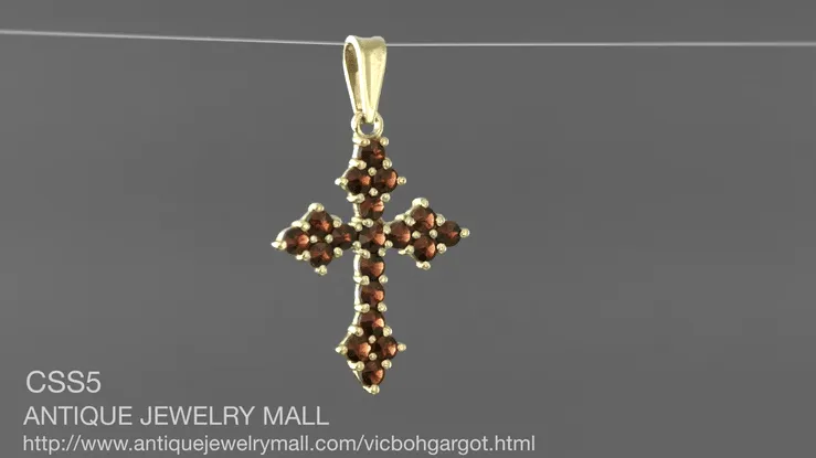 Victorian Bohemian Garnet Small Gothic Cross Pendant in Sterling Silver and Yellow Gold Vermeil