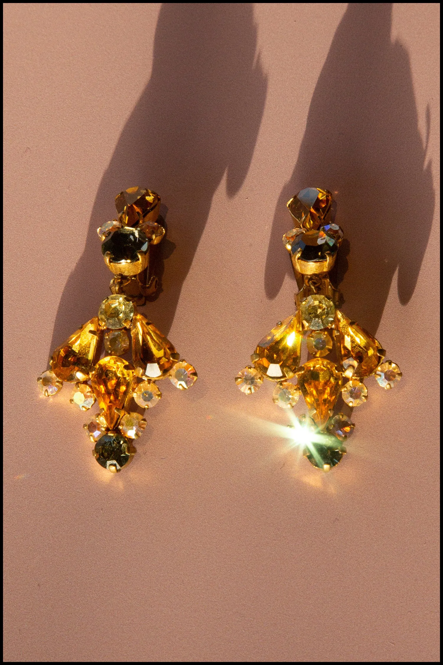 Vintage 1950s Amber Rhinestone Drop Earrings