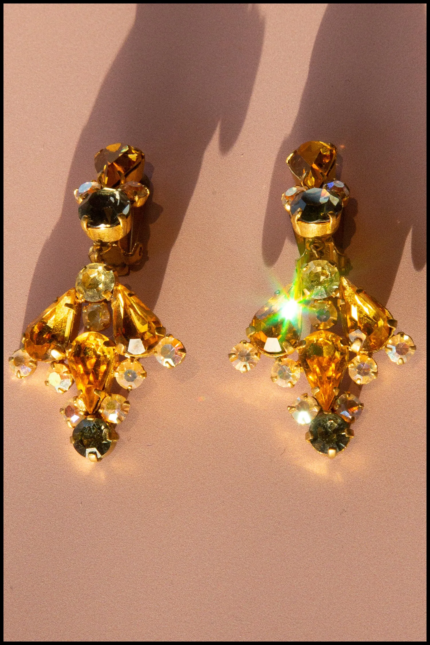 Vintage 1950s Amber Rhinestone Drop Earrings