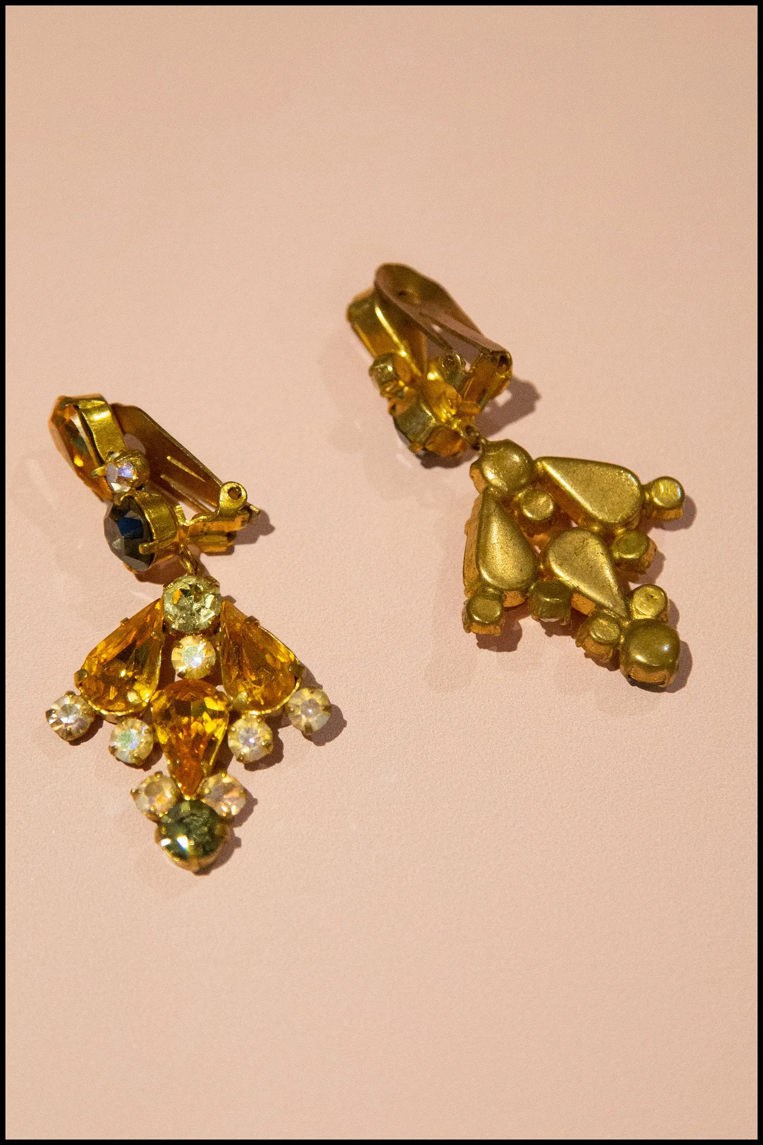Vintage 1950s Amber Rhinestone Drop Earrings