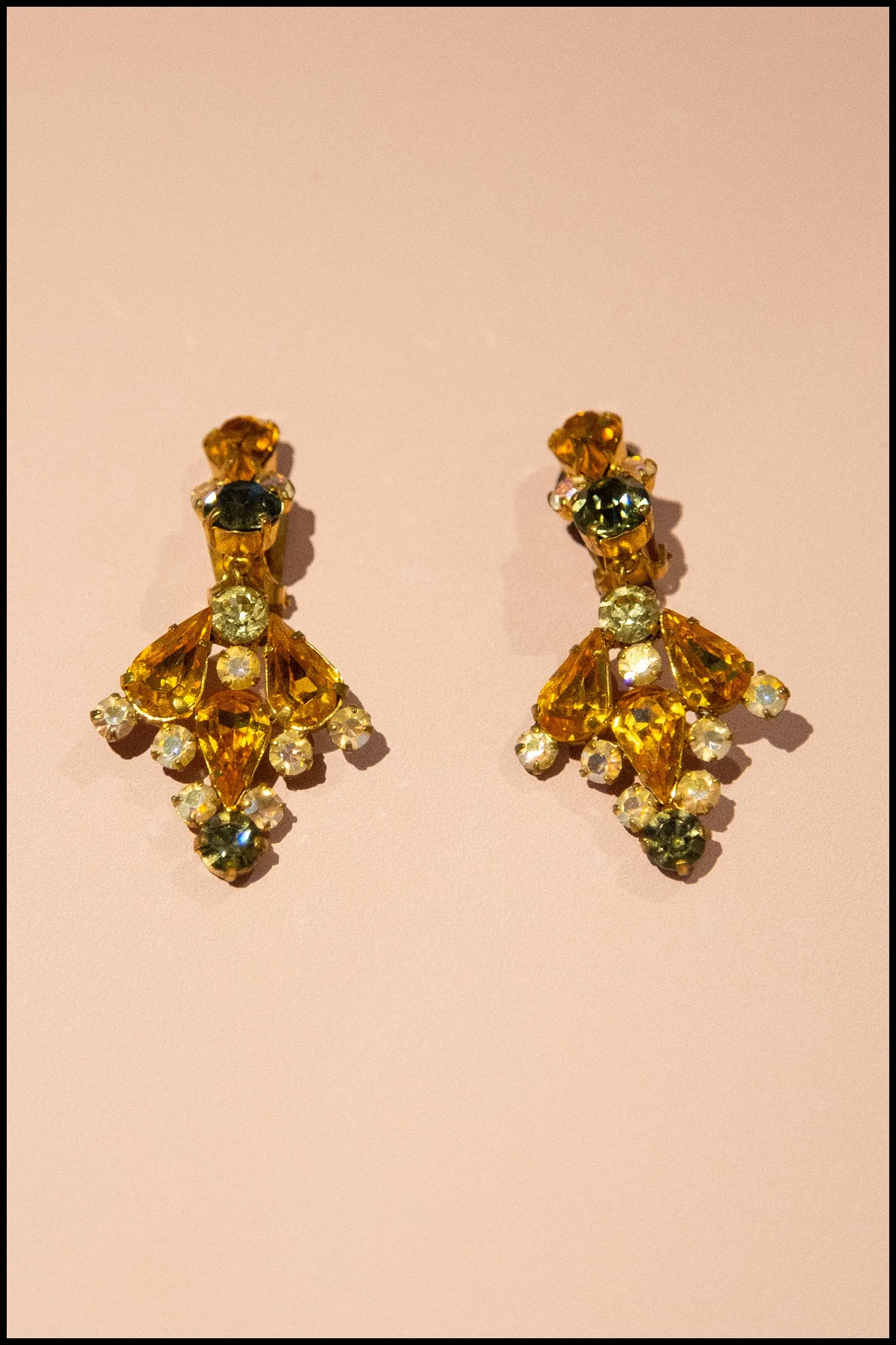 Vintage 1950s Amber Rhinestone Drop Earrings