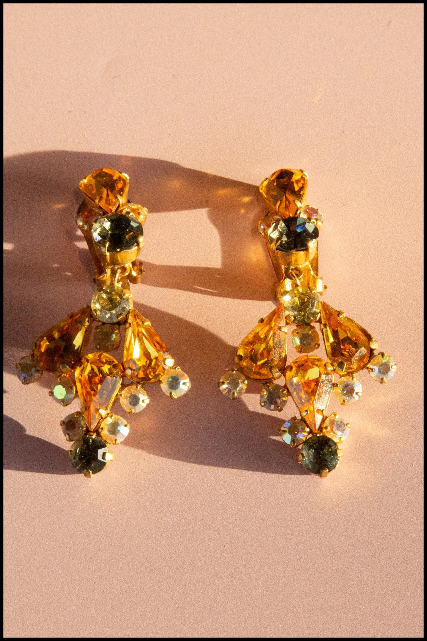 Vintage 1950s Amber Rhinestone Drop Earrings