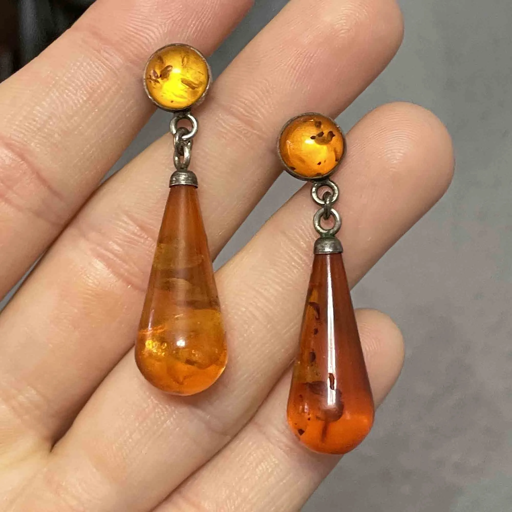 Vintage Art Deco Style Silver Baltic Amber Drop Earrings