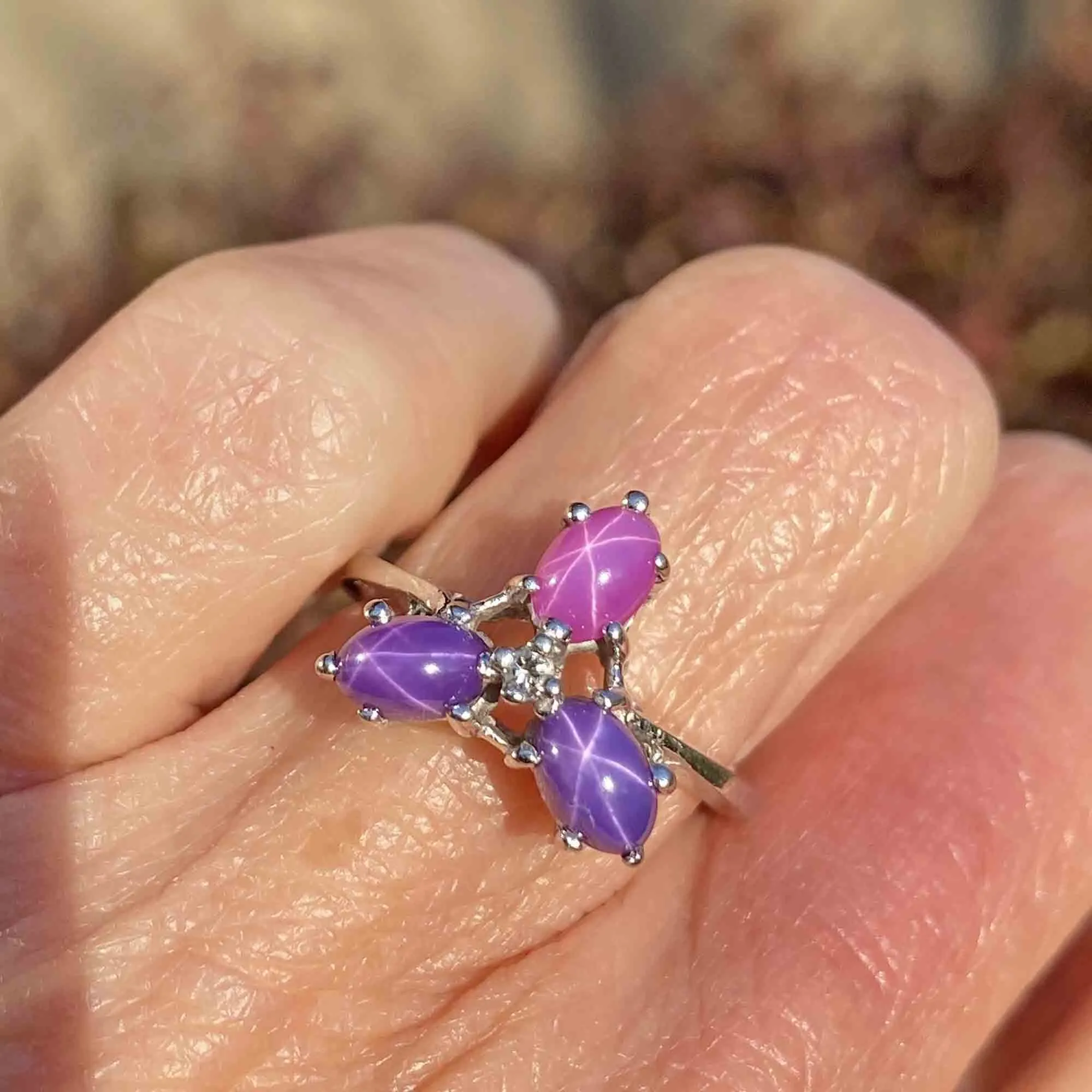 Vintage Diamond Ruby and Purple Star Sapphire Ring in White Gold