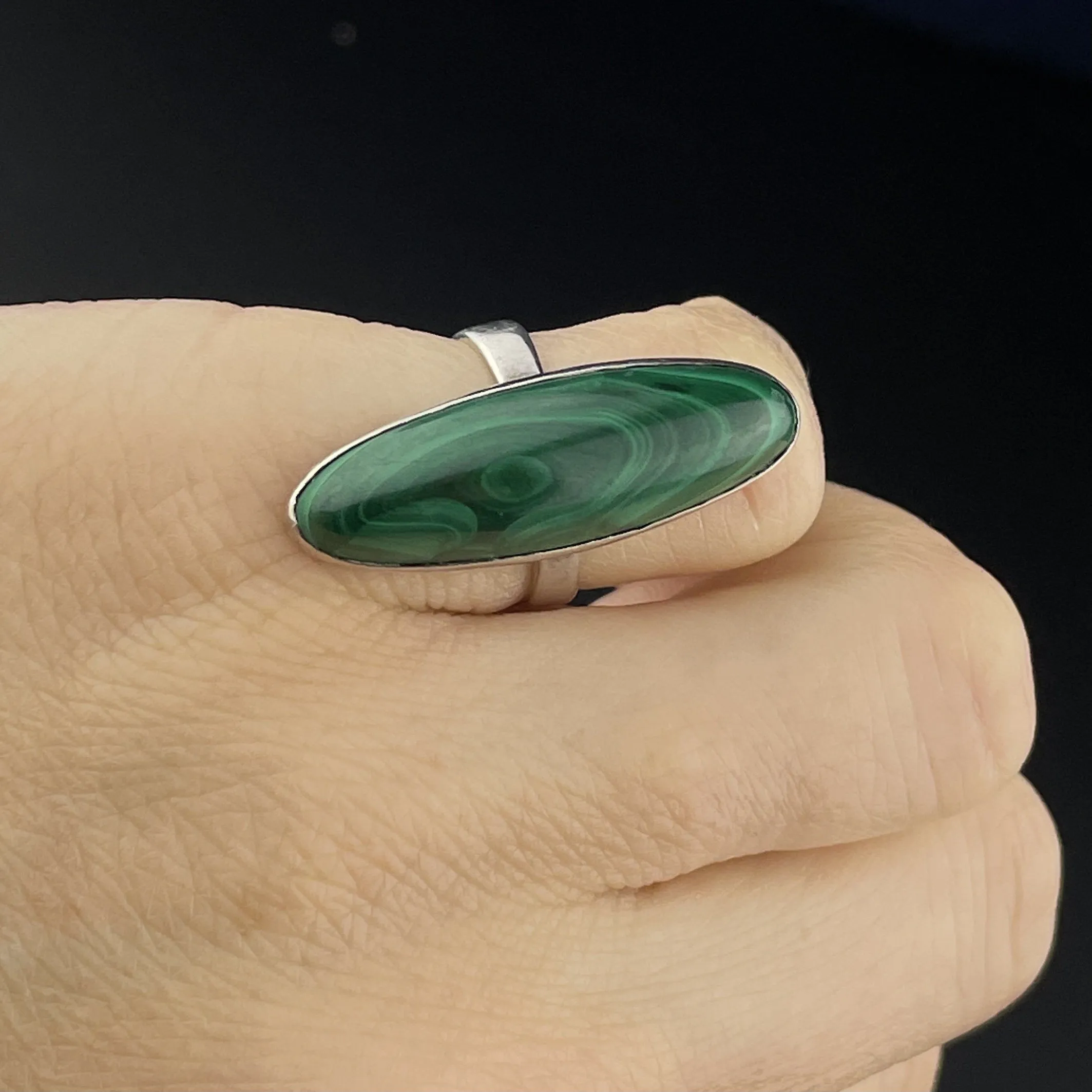 Vintage Silver Malachite Long Marquise Cabochon Ring