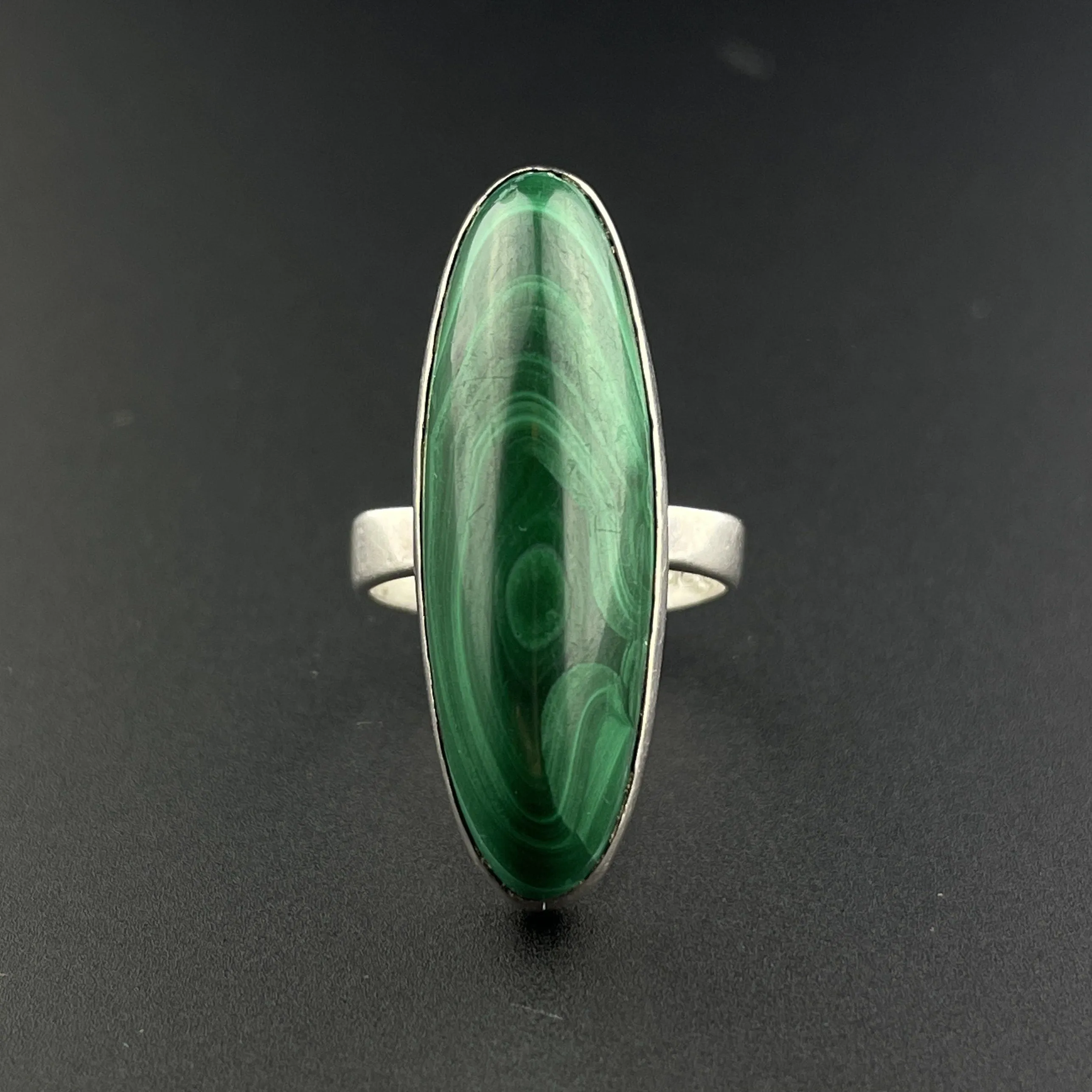 Vintage Silver Malachite Long Marquise Cabochon Ring