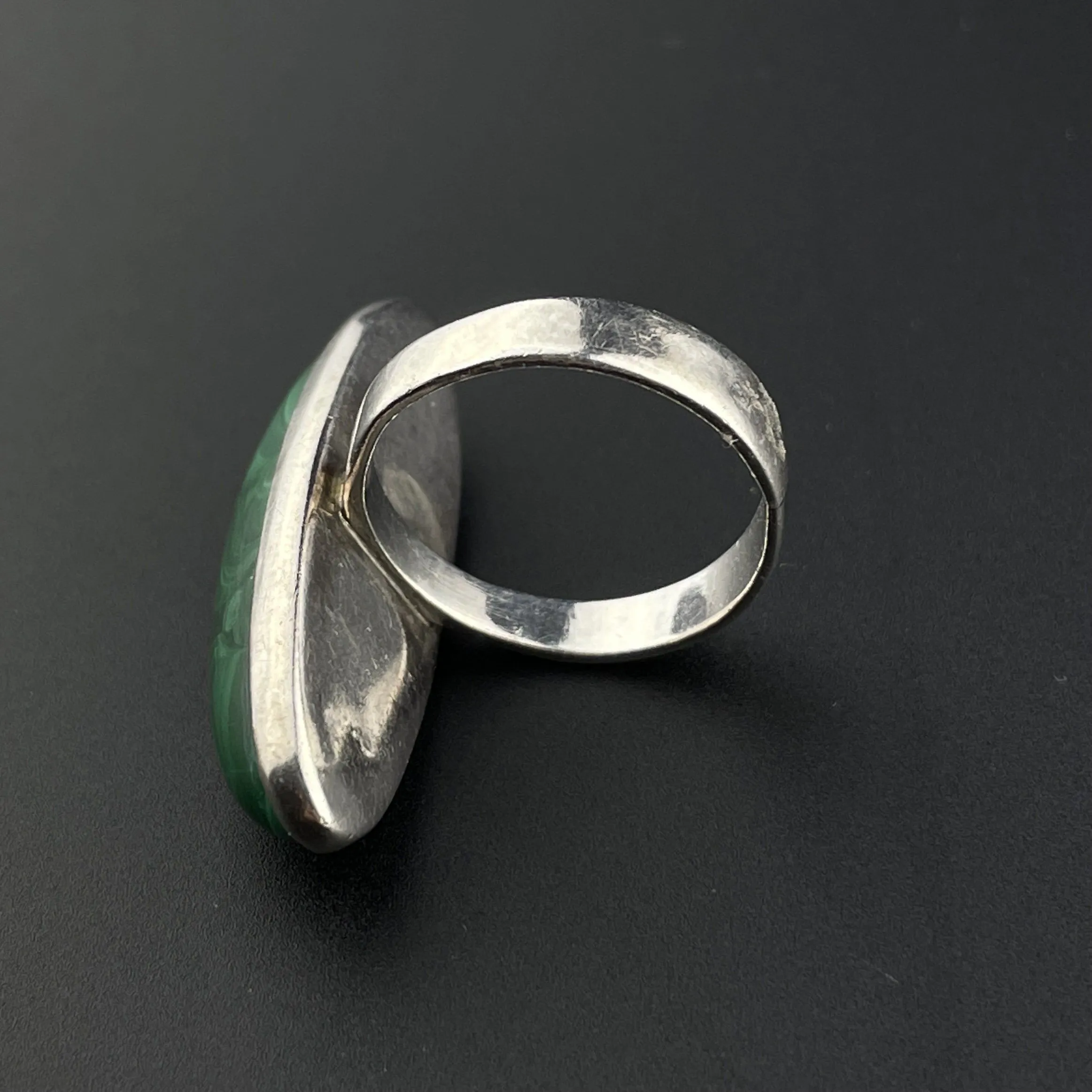 Vintage Silver Malachite Long Marquise Cabochon Ring
