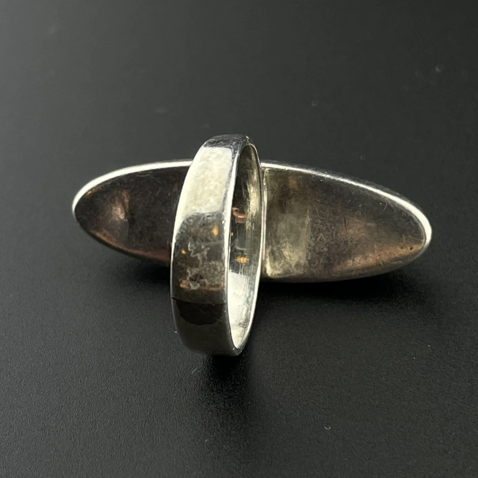 Vintage Silver Malachite Long Marquise Cabochon Ring