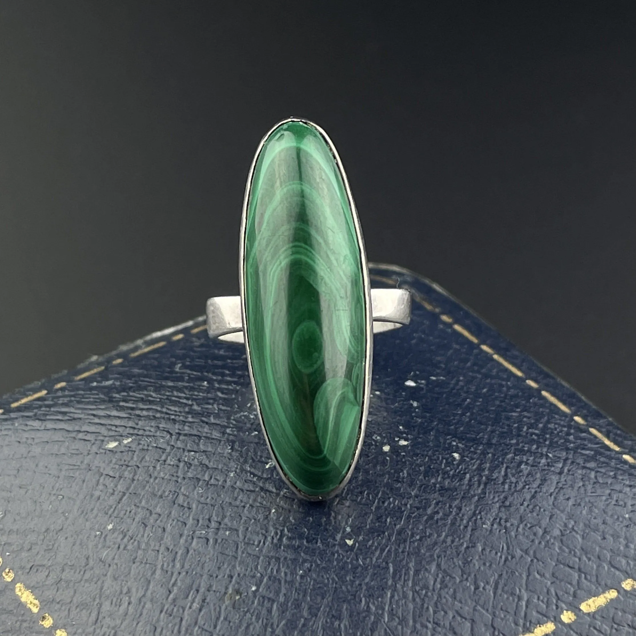 Vintage Silver Malachite Long Marquise Cabochon Ring