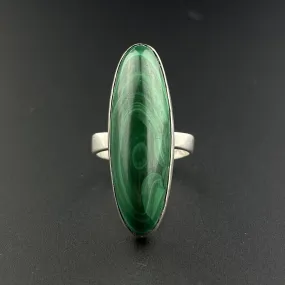 Vintage Silver Malachite Long Marquise Cabochon Ring