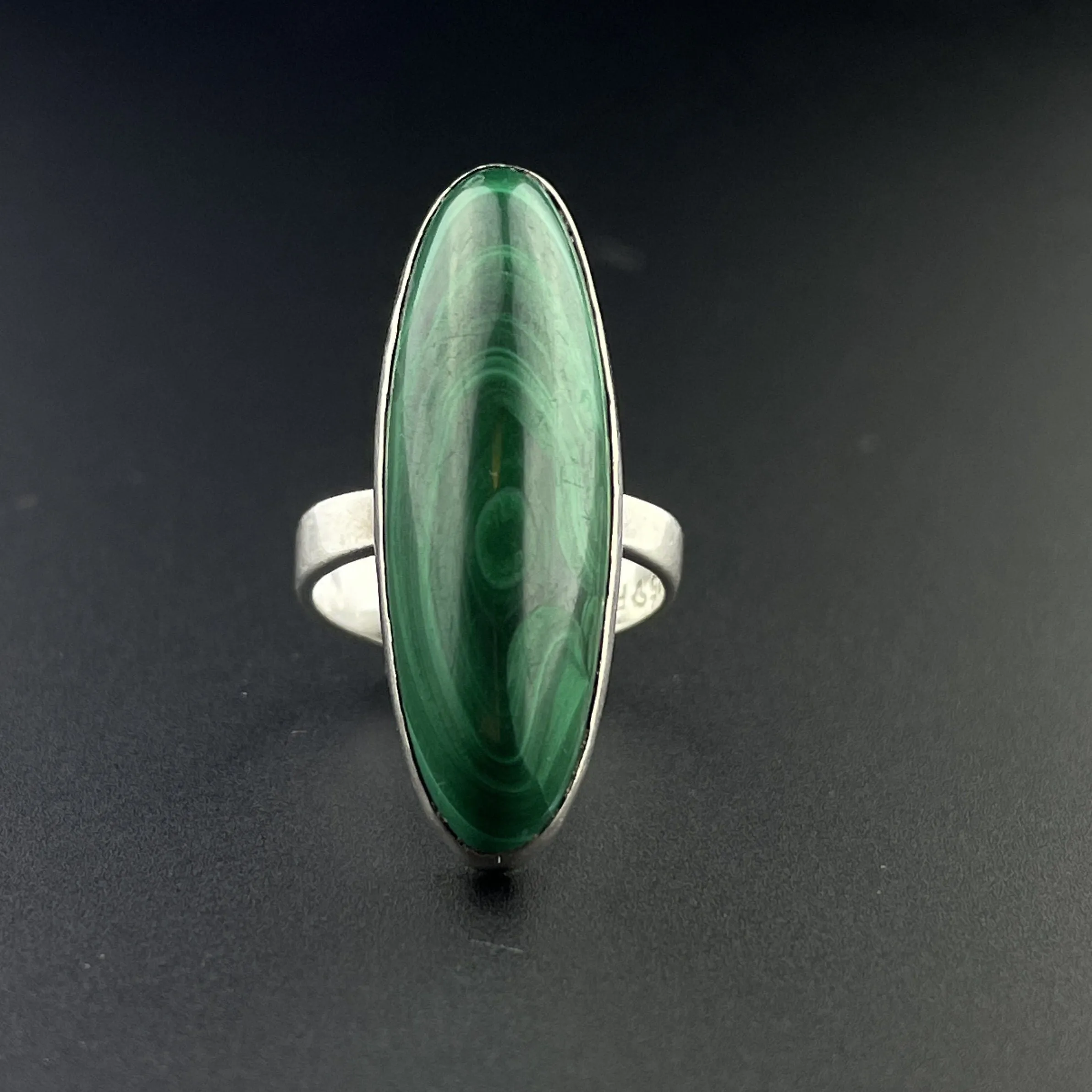 Vintage Silver Malachite Long Marquise Cabochon Ring