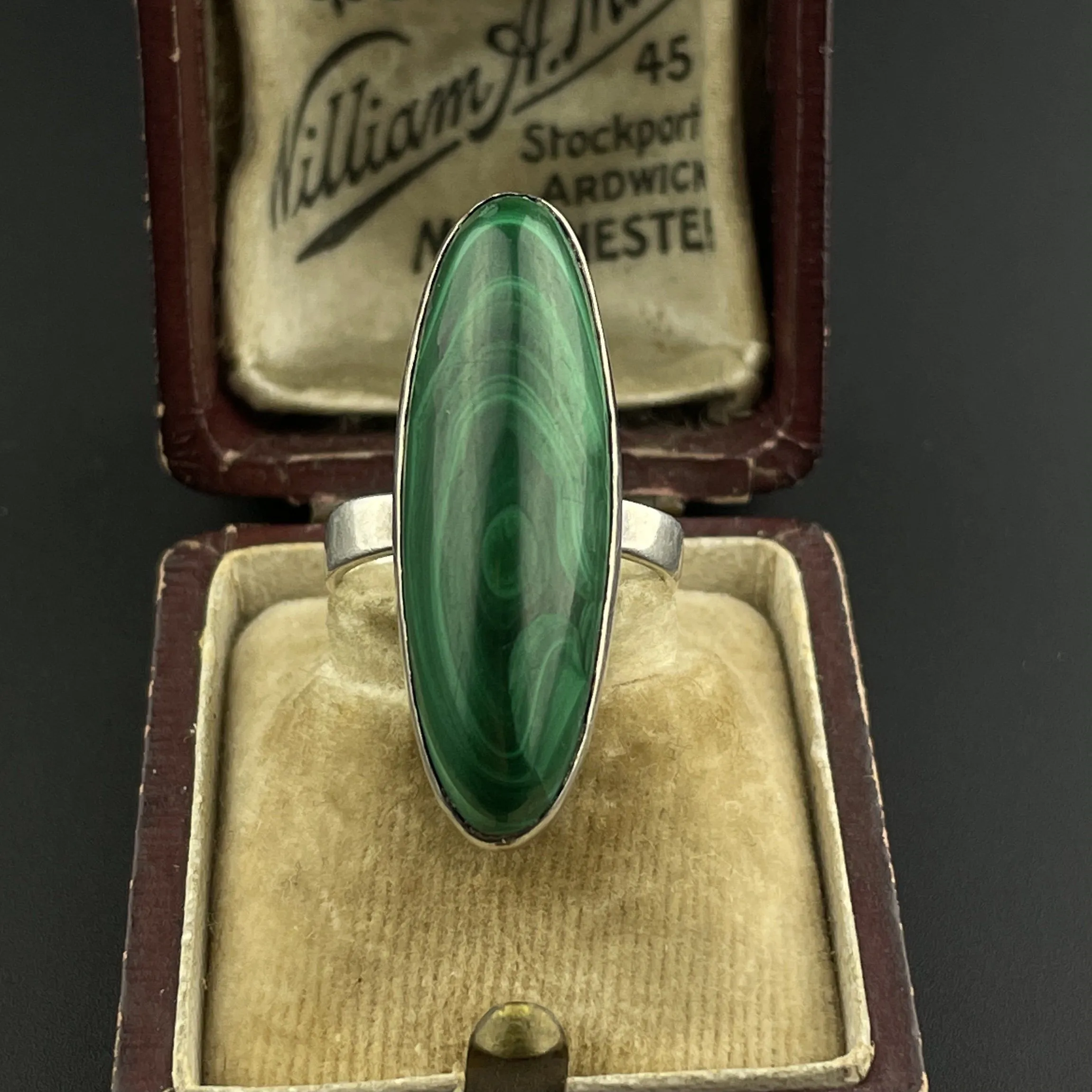 Vintage Silver Malachite Long Marquise Cabochon Ring