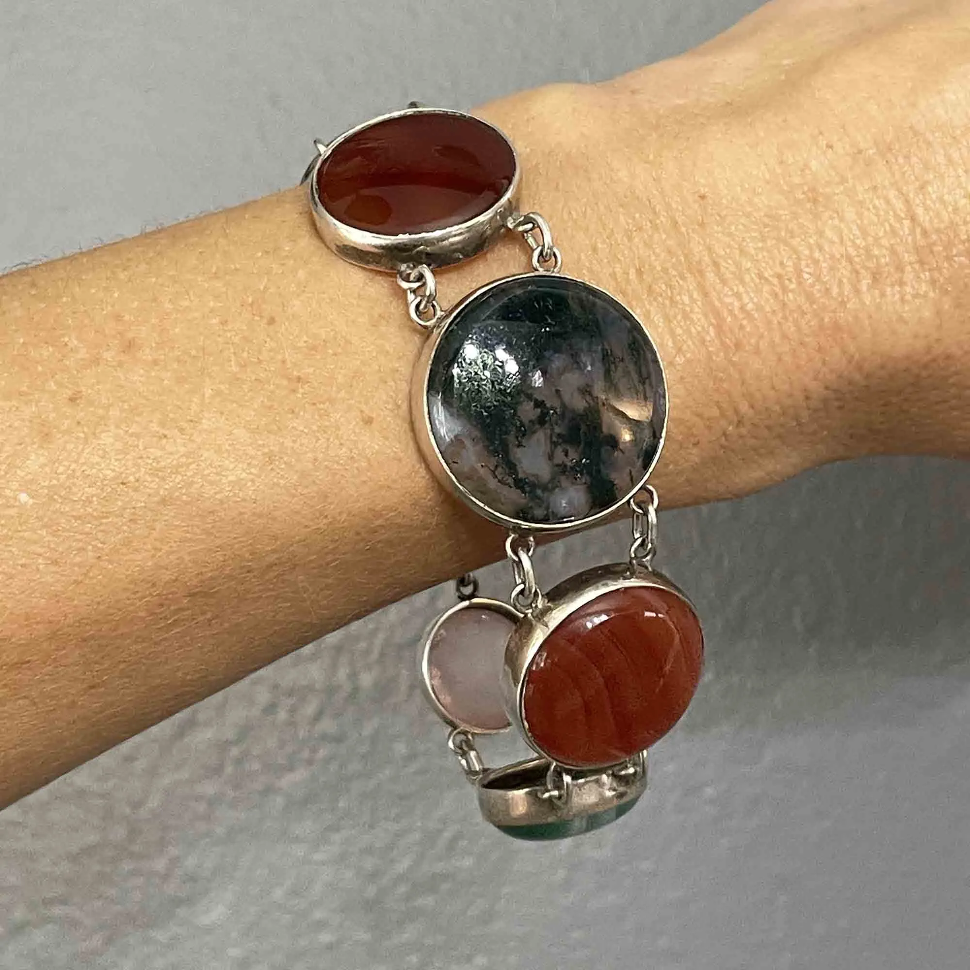 Vintage Silver Scottish Moss Agate Amethyst Banded Agate Bracelet